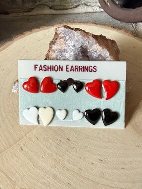 Vintage 80’s Enamel Heart Stud Earring Set in Red, Black, White